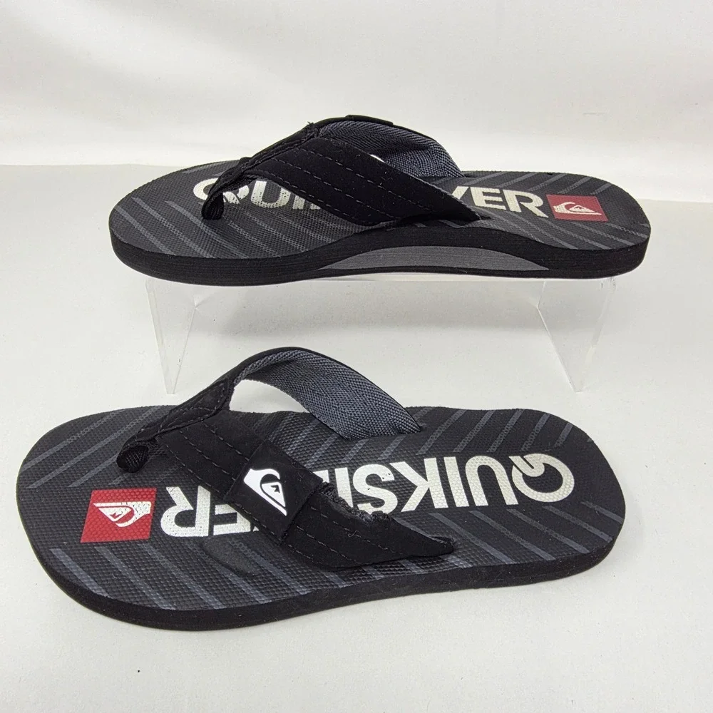 Quiksilver Flip Flop Sandals Mens 8.5 Black Grey Logo Thong Beach Shoes Fair